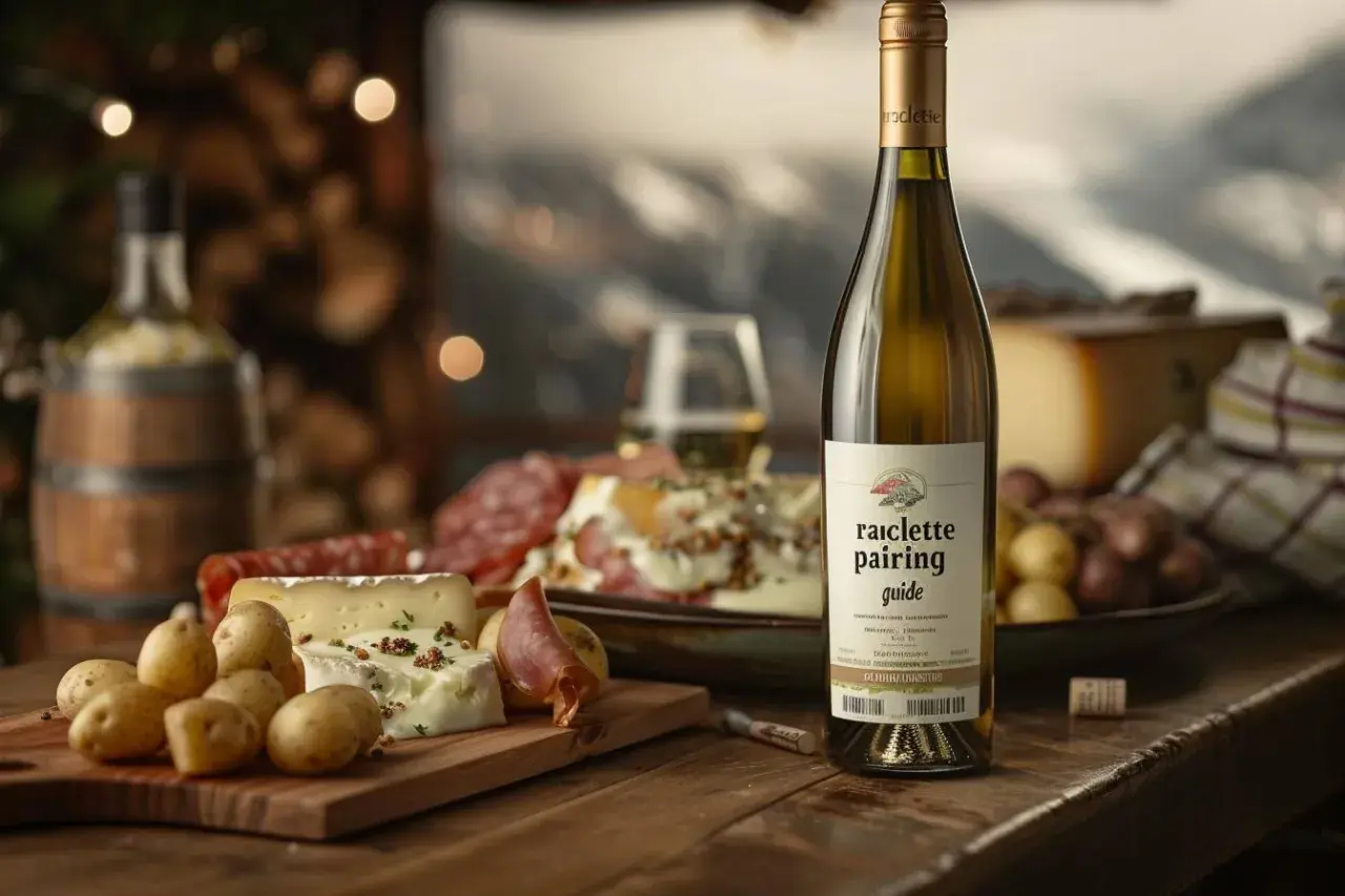 Bouteille de vin blanc, fromages, charcuterie et pommes de terre sur une planche. Une touche de citron pour parfaire l'accord parfait.