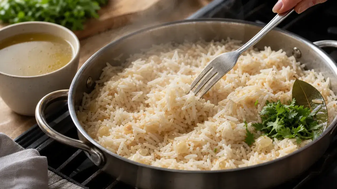 Un riz pilaf fumant, garni de coriandre fraîche et d'une feuille de laurier, est servi dans une poêle. Une fourchette prélève une portion de ce plat savoureux.