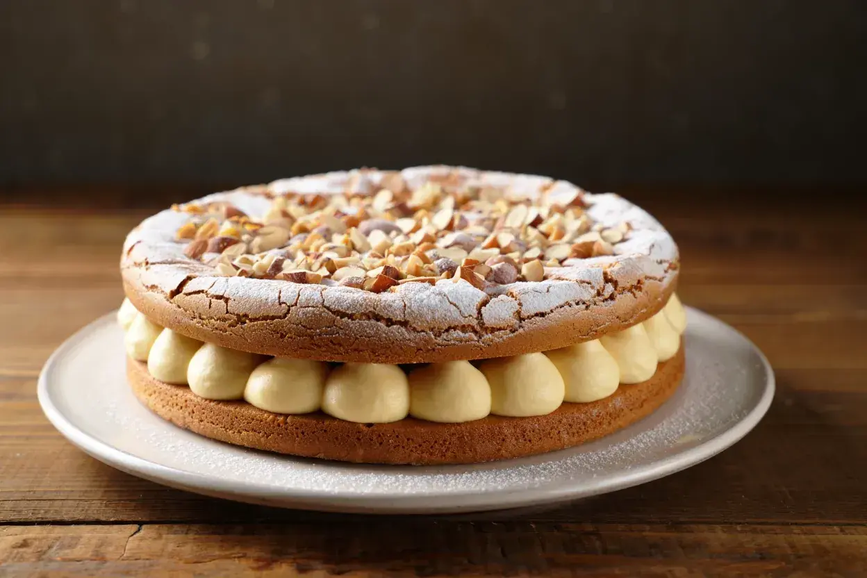 Gâteau rond garni de crème onctueuse et saupoudré d'amandes concassées. Une délicieuse dacquoise noisette à savourer.