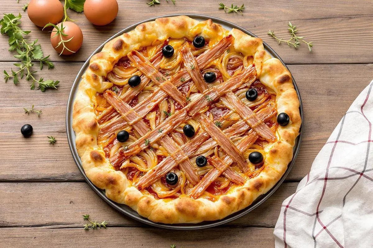 Pissaladière garnie d'oignons, d'olives et de lardons sur une pâte brisée ou feuilletée, prête à être dégustée.