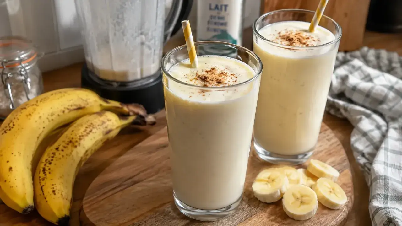 Deux verres de milkshake banane, parfaits pour une recette facile et rafraîchissante. Des bananes mûres et une touche de cannelle complètent ce délice.