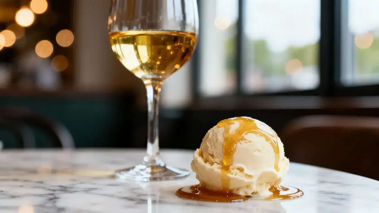 Une boule de glace à la vanille nappée de caramel, parfaite avec un verre de vin blanc. Une idée gourmande pour accompagner une boule de glace.