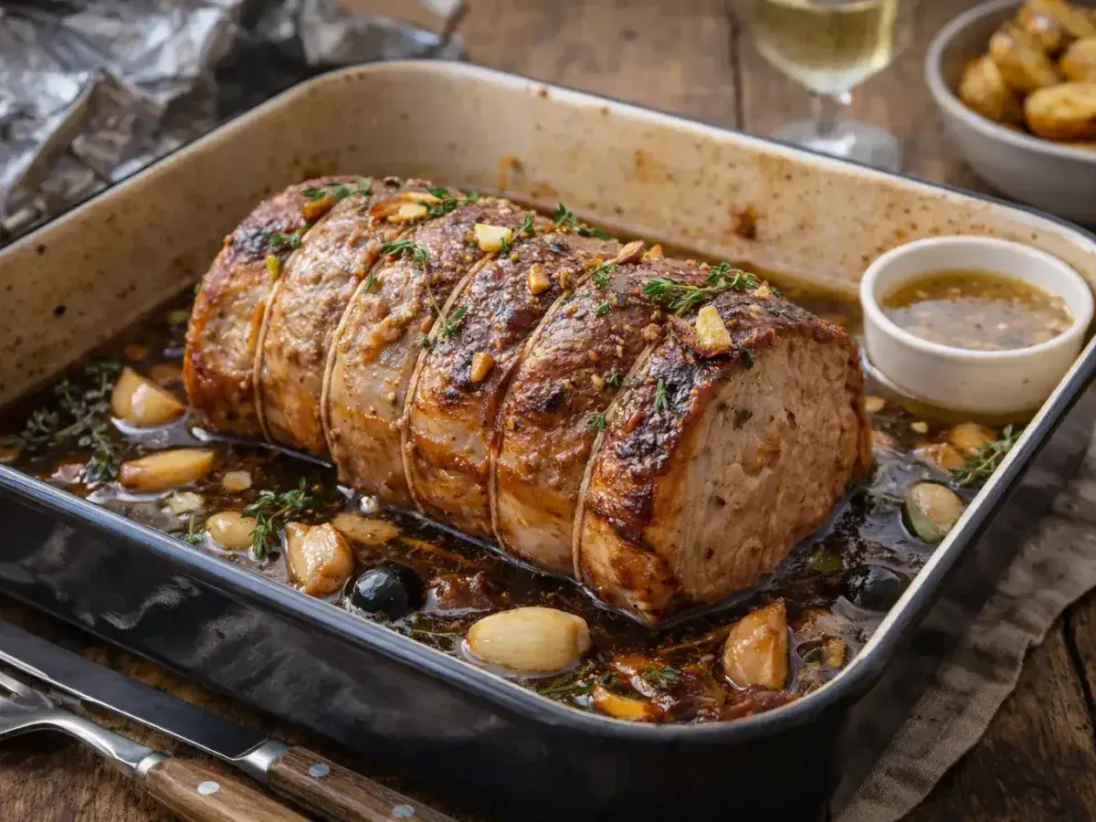 Un rôti de porc au vin blanc, doré et juteux, mijote dans son jus avec de l'ail et des herbes. Un délice prêt à être dégusté.