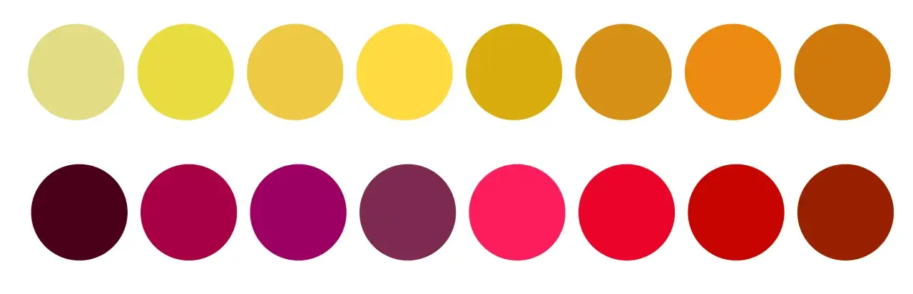 Palette de couleurs évoquant un vin rosé, allant du jaune pâle au rouge profond, avec des nuances orangées et pourpres.