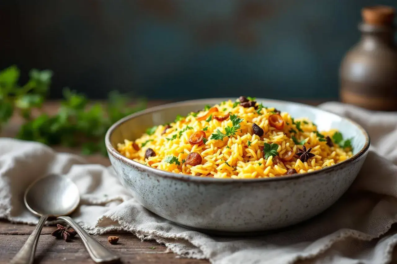 Un bol de riz créole parfumé, garni de persil frais, de raisins secs et d'anis étoilé. Une cuillère repose à côté.