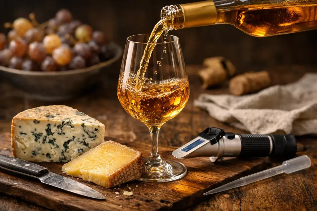Verre de vin doré, dégustation de vins blancs sucrés avec fromages et raisins. Un réfractomètre suggère une mesure de sucre.