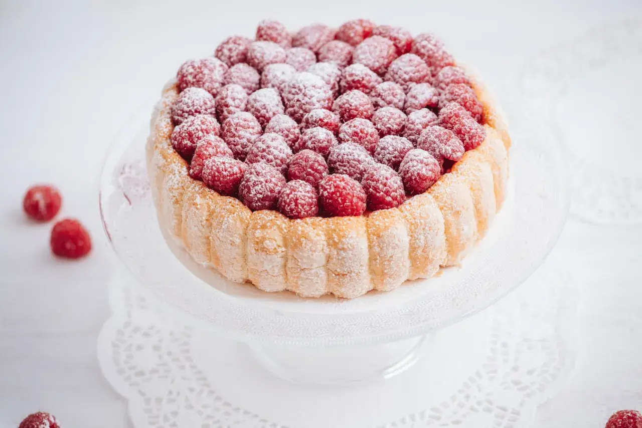 Charlotte framboise, un délice de biscuits à la cuillère et de fruits rouges, saupoudrée de sucre glace.