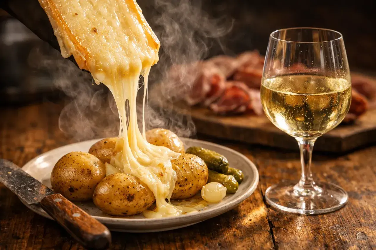 Un fromage à raclette fondant coule sur des pommes de terre et des cornichons, accompagné d'un verre de vin blanc.