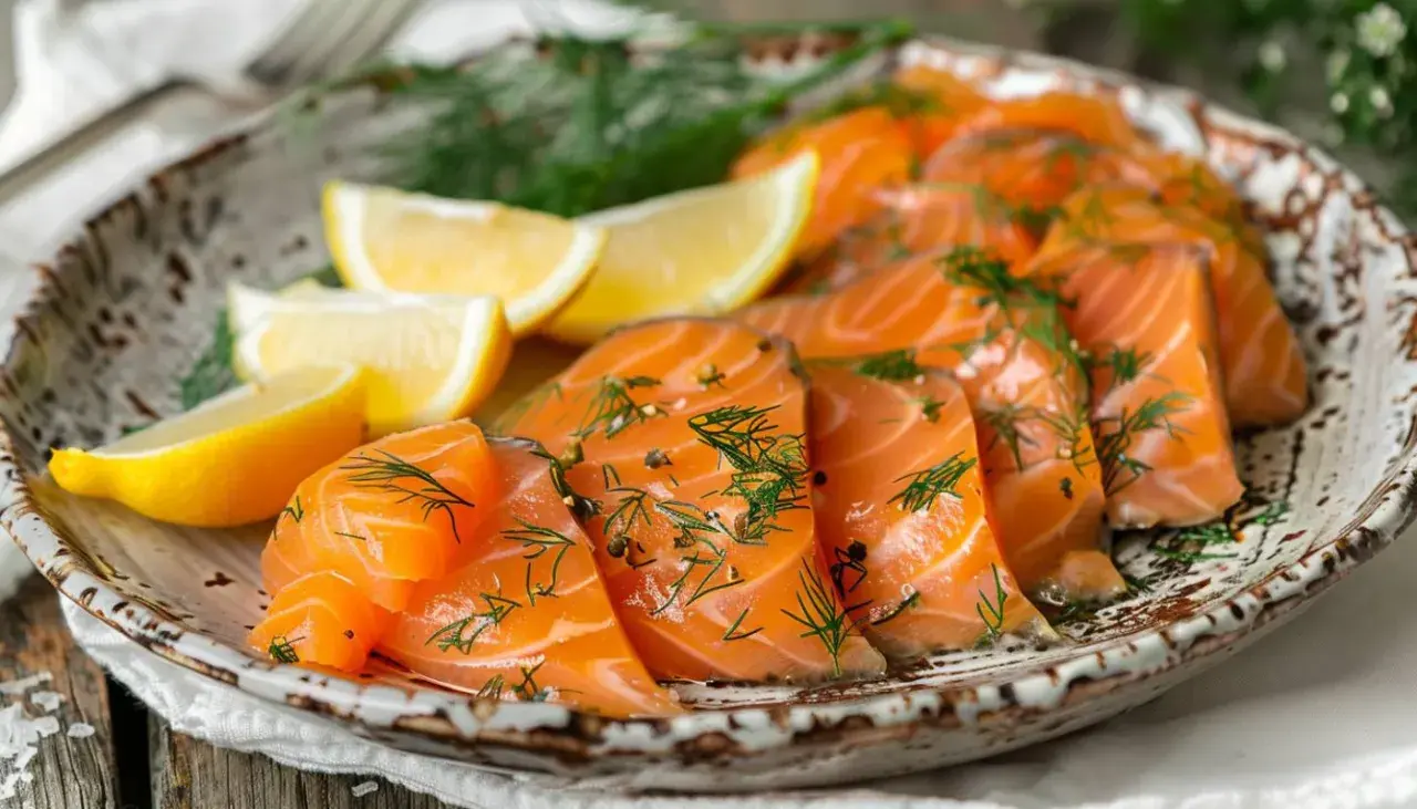 Tranches de saumon gravlax recette, garnies d'aneth frais et de poivre, servies avec des quartiers de citron sur une assiette rustique.