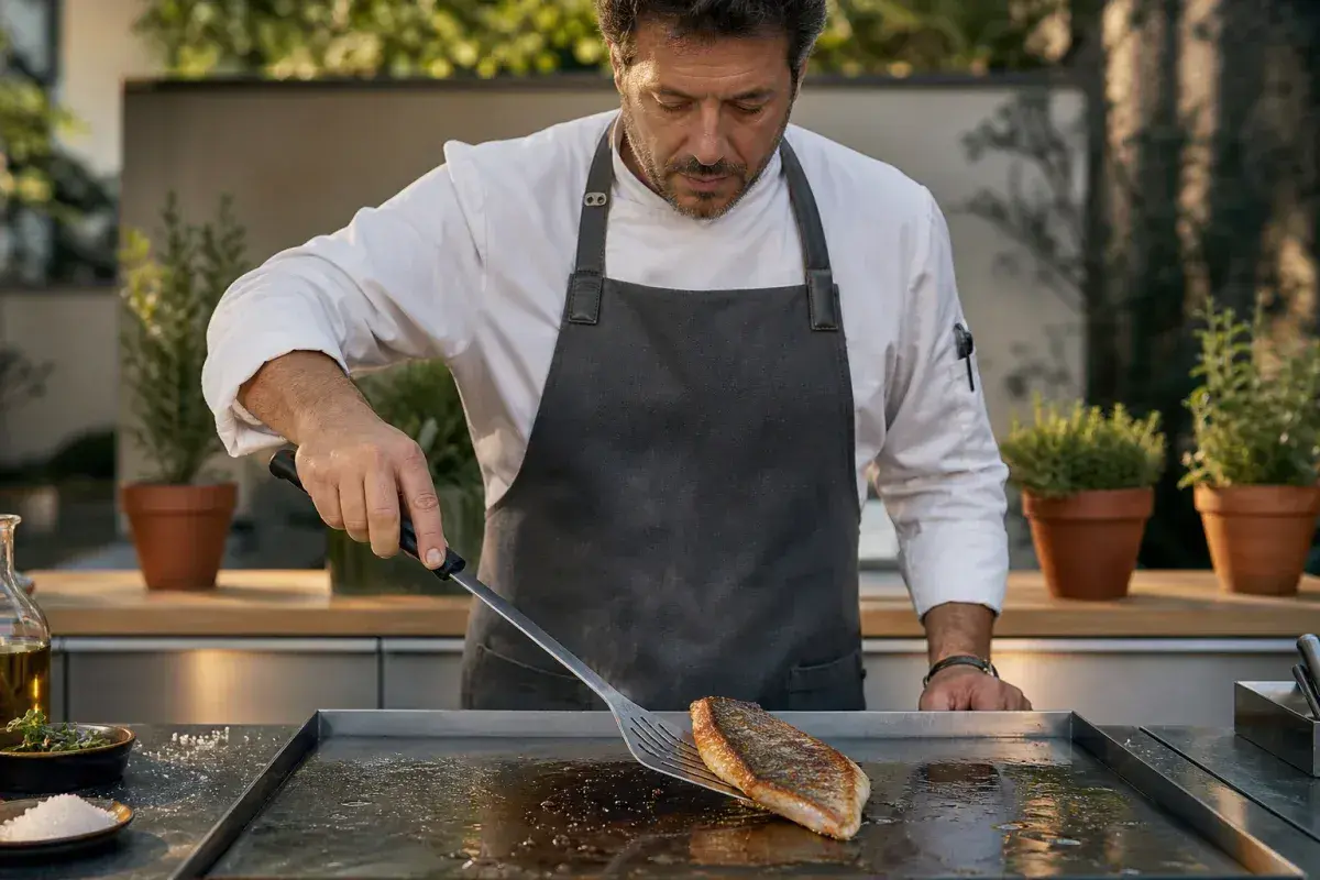 Un chef prépare un poisson sur un **bar à la plancha** en extérieur. L'arôme du poisson grillé embaume l'air.