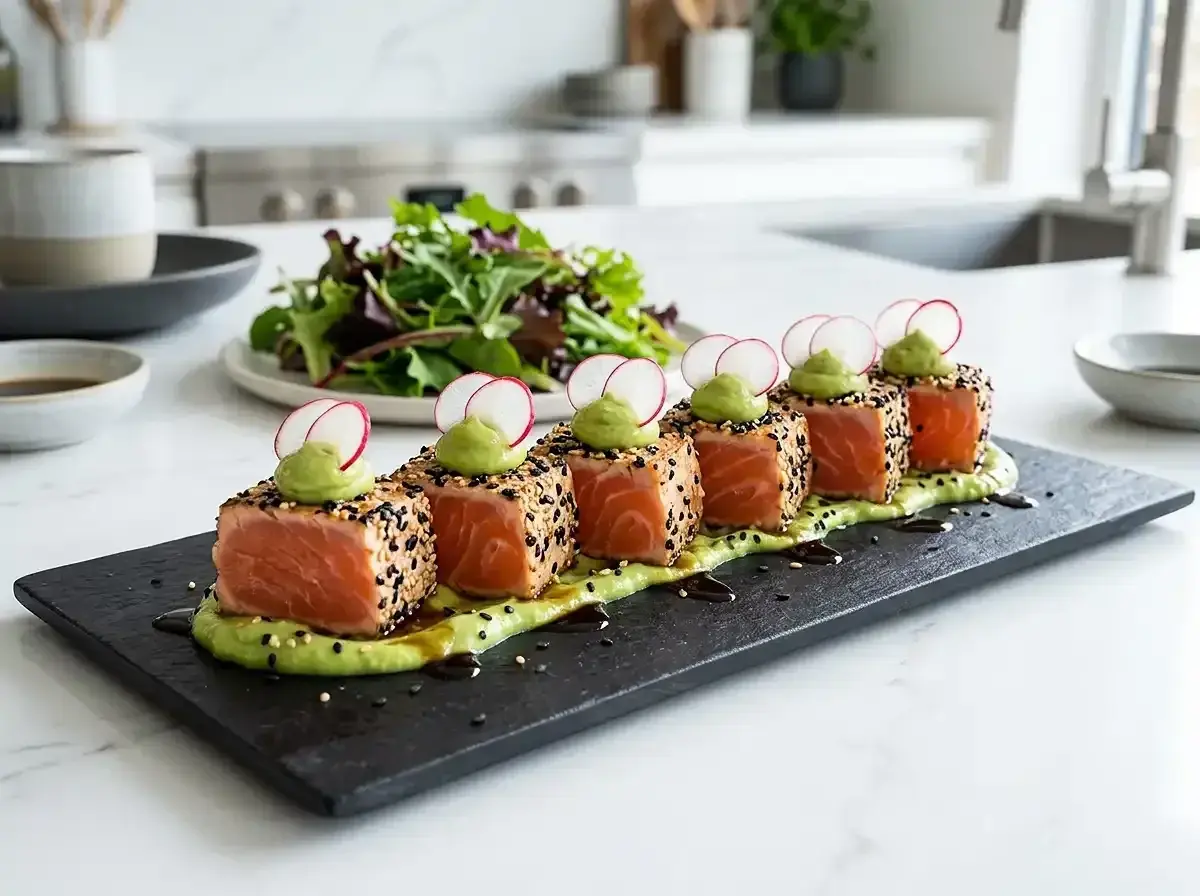 Tataki de saumon enrobé de sésame, servi sur une purée d'avocat avec des radis et une salade verte en arrière-plan.