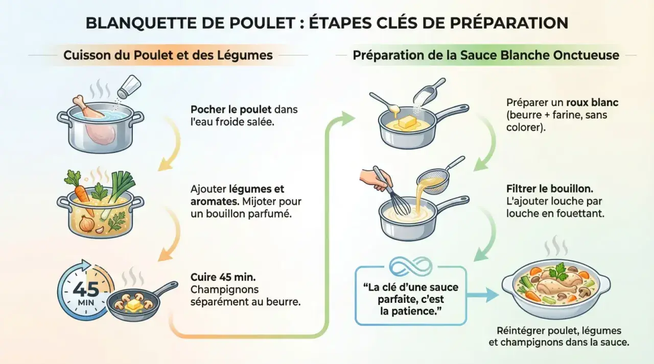 Étapes pour une blanquette de volaille parfaite : cuisson du poulet et des légumes, puis préparation d'une sauce blanche onctueuse.