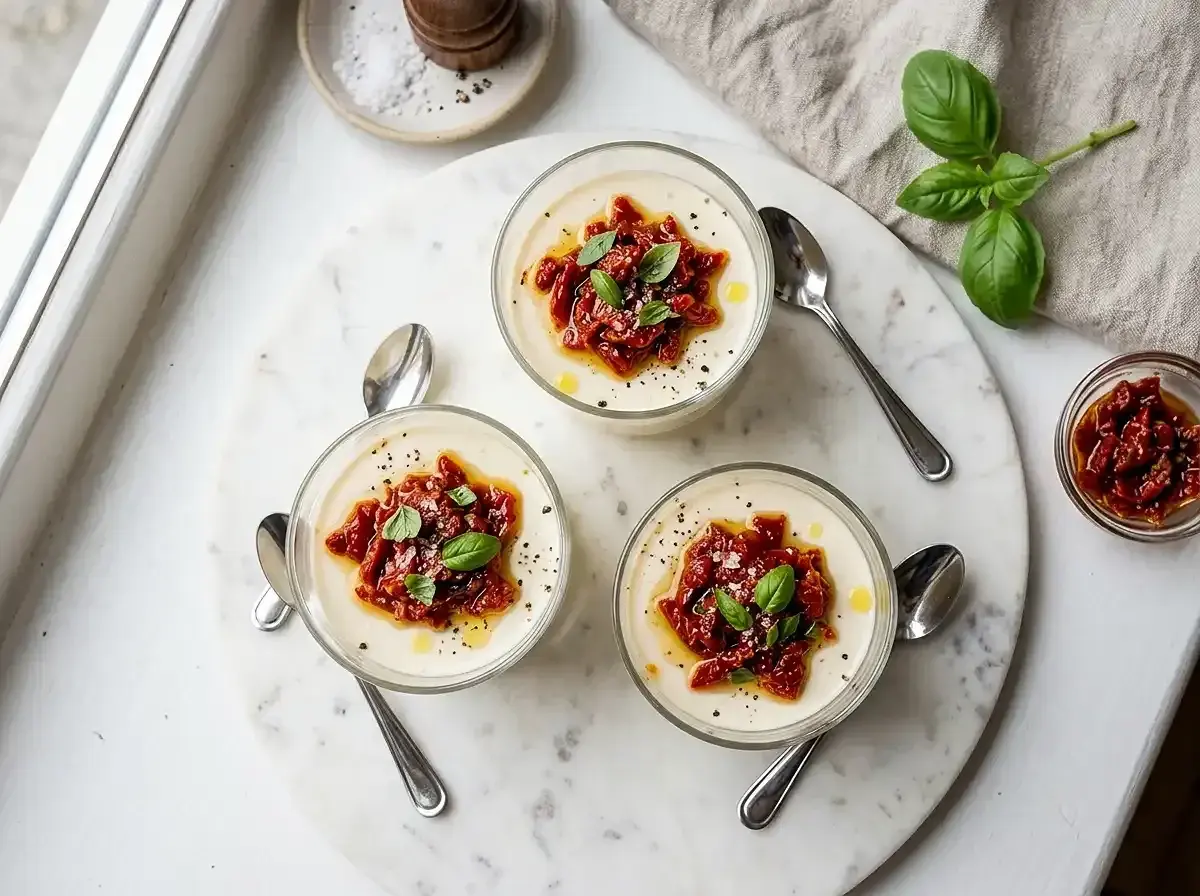 Trois verrines de panna cotta salée, garnies de tomates séchées, basilic frais et filet d'huile d'olive. Une touche d'originalité pour un apéritif raffiné.
