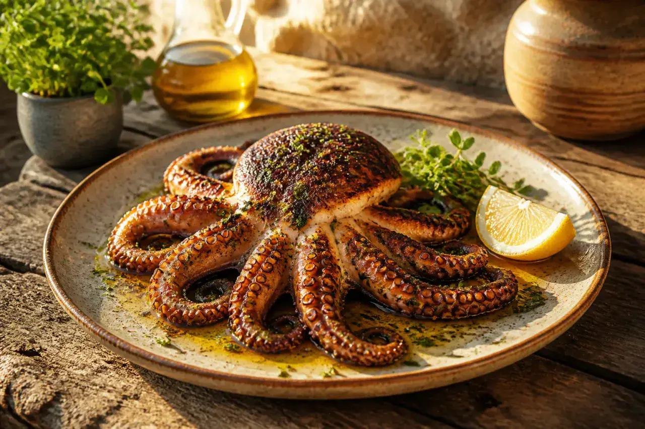 Un délicieux poulpe à la plancha, grillé à la perfection, servi avec du citron et des herbes fraîches.