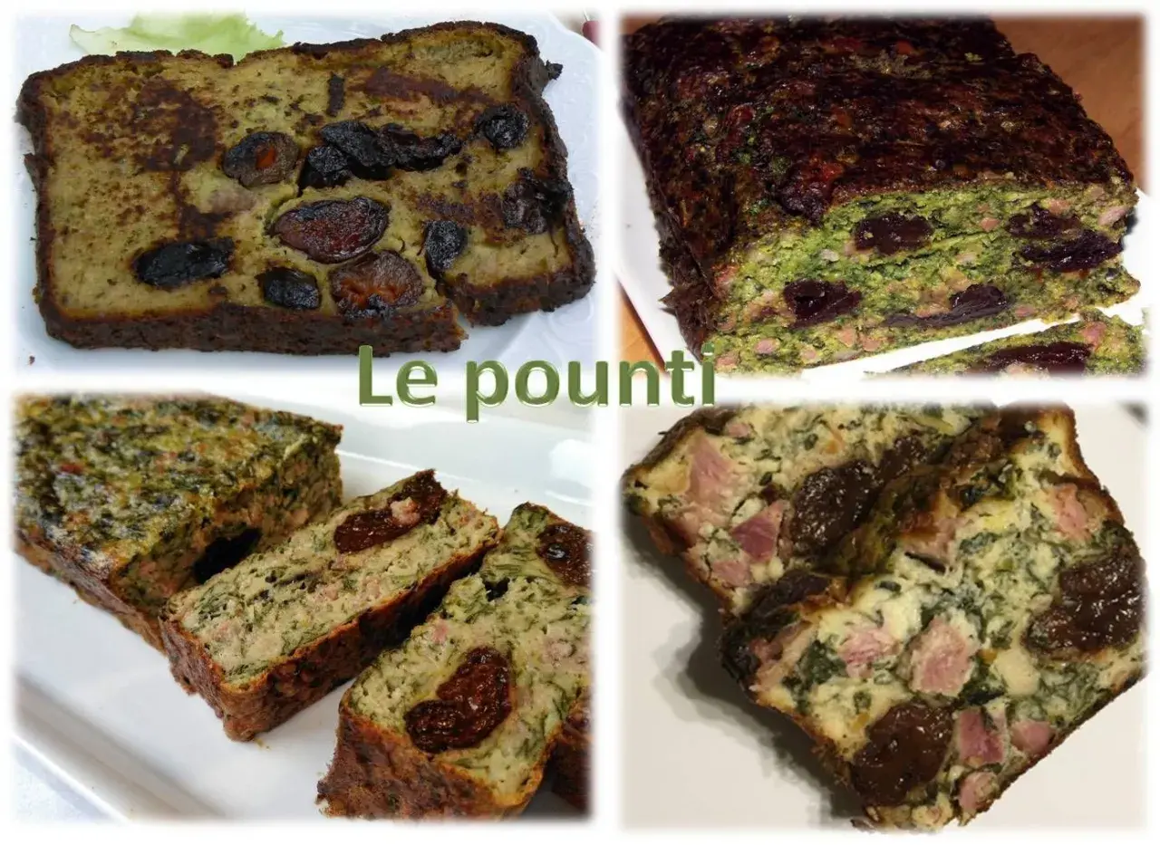 Tranches de pounti auvergnat, un plat traditionnel avec des pruneaux, de la viande et des légumes verts.