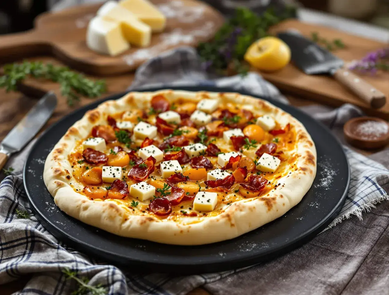 Une délicieuse pizza savoyarde, garnie de lardons croustillants, de pommes de terre fondantes et de fromage, prête à être dégustée.