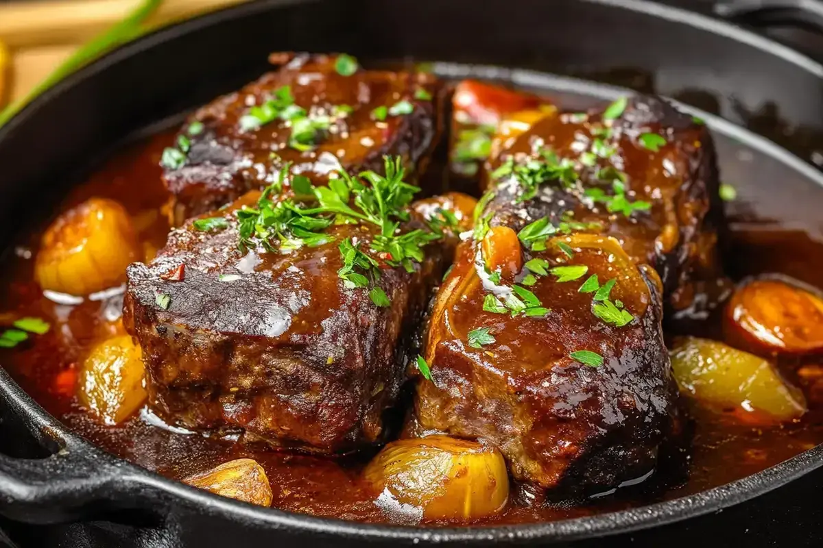 Quatre morceaux de joue de bœuf confite, nappés d'une sauce riche et garnie de persil frais, mijotent dans une poêle en fonte avec des oignons caramélisés.