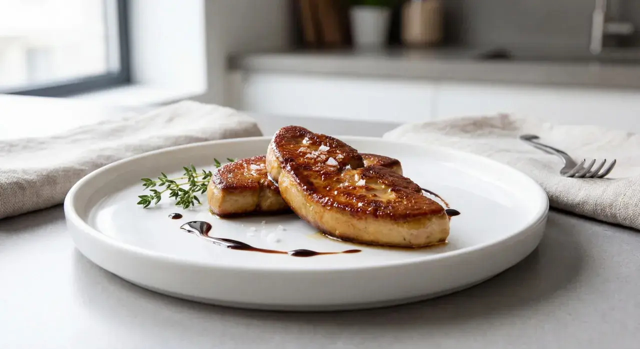 Deux escalopes de foie gras poêlé, dorées et savoureuses, garnies de fleur de sel et d'une touche de réduction de balsamique, sur une assiette blanche avec une branche de thym.