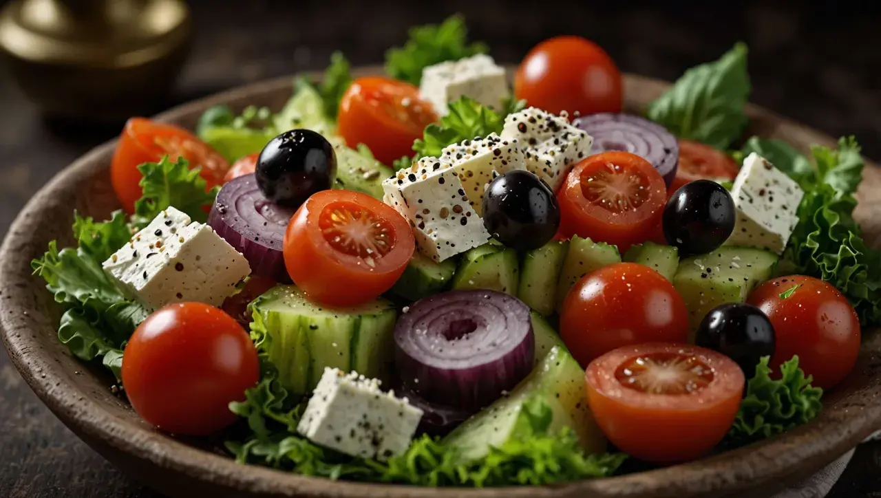 Une salade à la grecque fraîche et colorée avec des cubes de feta, des tomates cerises, des olives noires, des concombres et des oignons rouges.
