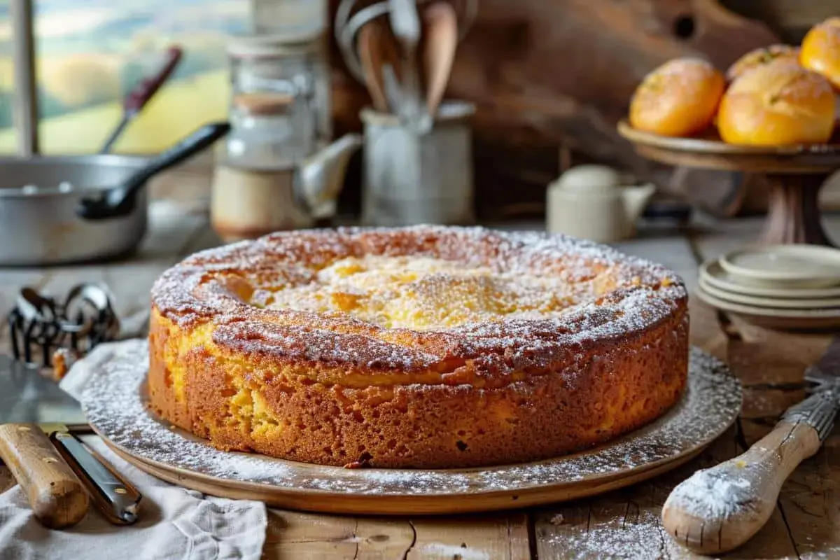 Gâteau breton doré et saupoudré de sucre glace, prêt à être dégusté.