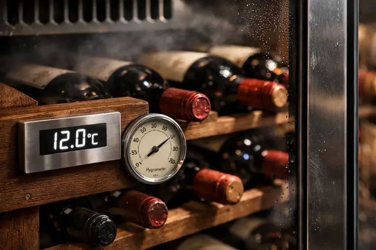 Cave à vin avec bouteilles de vin rouge. Un thermomètre affiche 12.0°C, garantissant la température idéale.