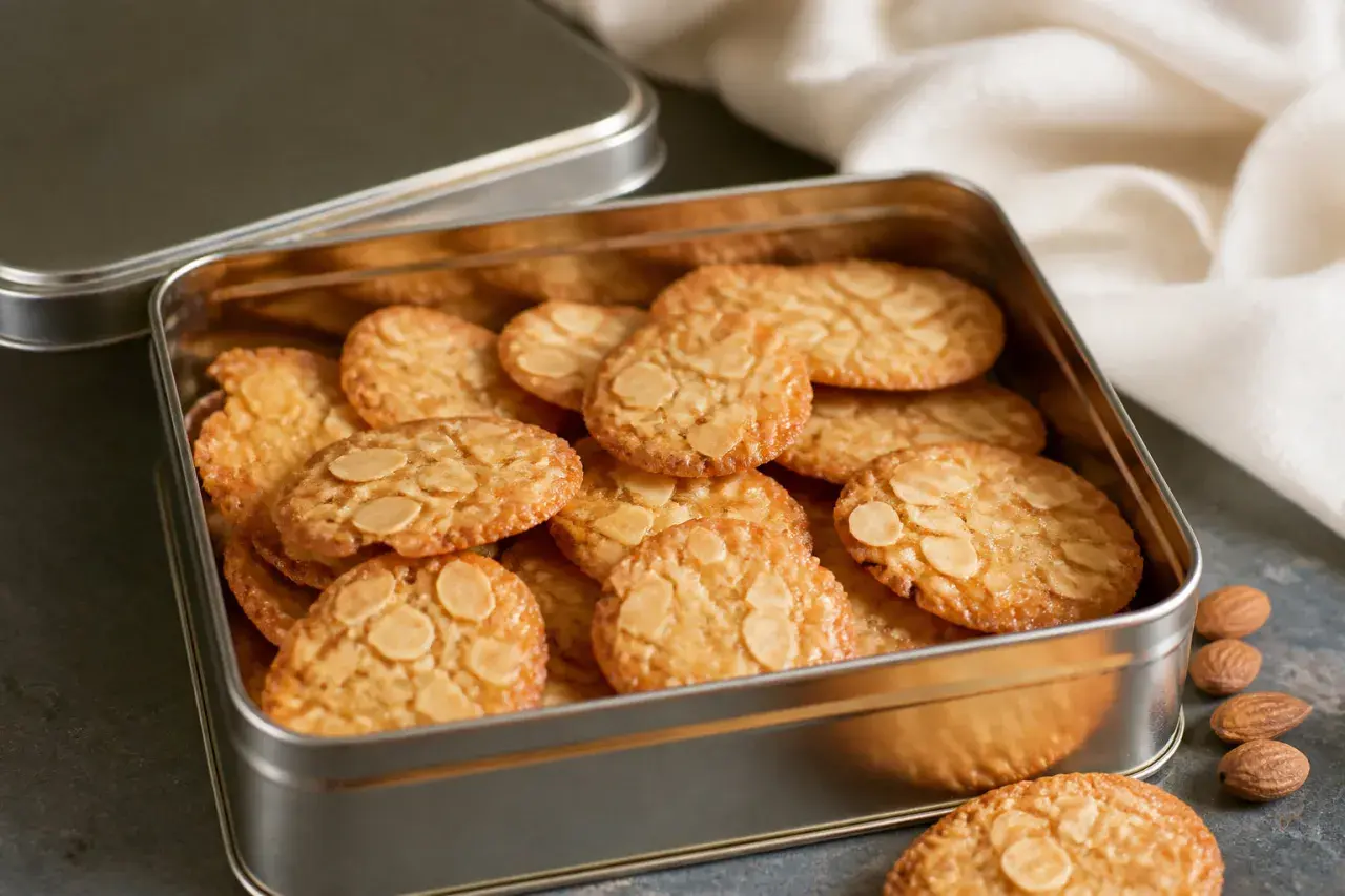 Une boîte en métal remplie de tuiles aux amandes croustillantes et dorées, prêtes à être dégustées.