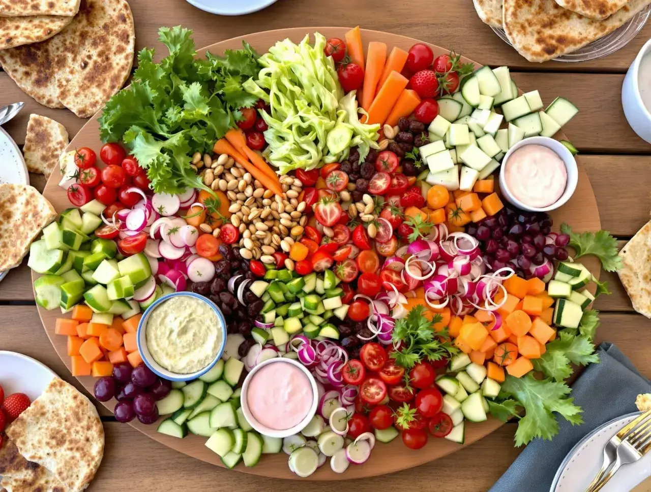 Plateau coloré de salade de crudités : tomates, concombres, carottes, radis, oignons rouges, raisins, olives, noix, et pains pita. Deux trempettes crémeuses sont incluses.