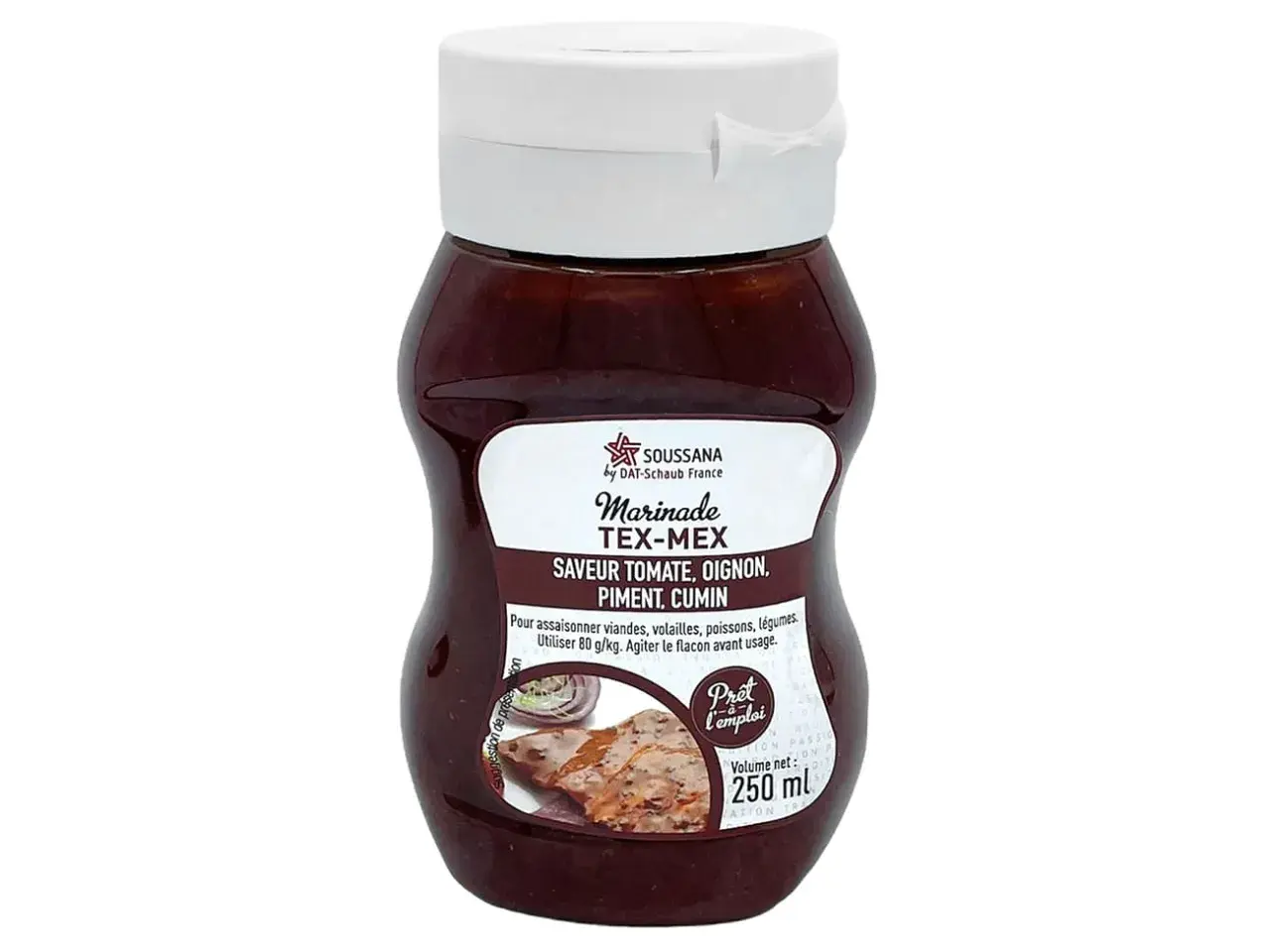 Bouteille de marinade Tex-Mex Soussana, saveur tomate, oignon, piment, cumin. Idéale pour assaisonner viandes, volailles, poissons et légumes.