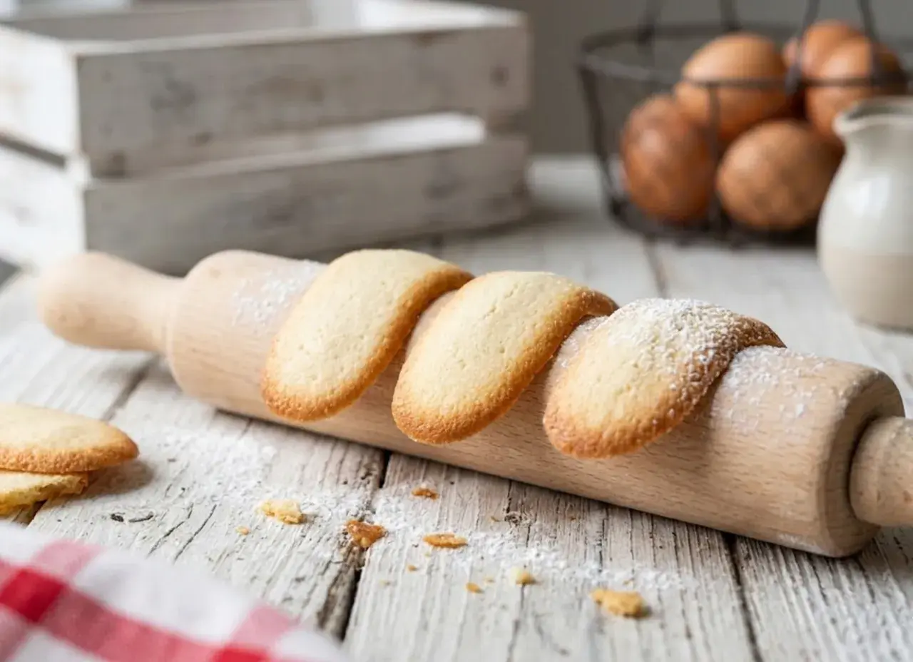 Délicieuses langues de chat saupoudrées de sucre glace, posées sur un rouleau à pâtisserie en bois.
