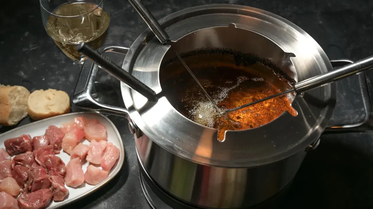 Préparation d'une fondue bourguignonne : morceaux de viande crue, pain et verre de vin blanc à côté d'un caquelon d'huile chaude.