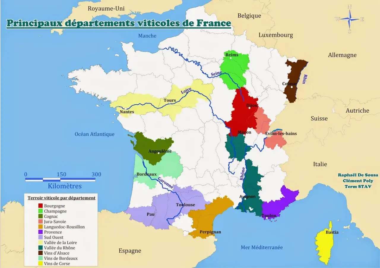 Carte des principaux vignobles français. Chaque couleur représente un terroir viticole, de la Bourgogne au meilleur vin français de Bordeaux.