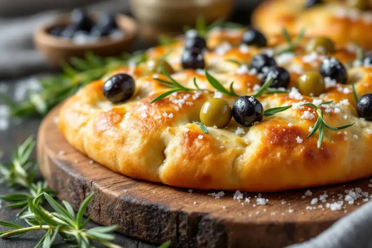 Focaccia moelleuse garnie d'olives noires et vertes, de romarin frais et de gros sel. Une délicieuse recette de focaccia prête à être dégustée.