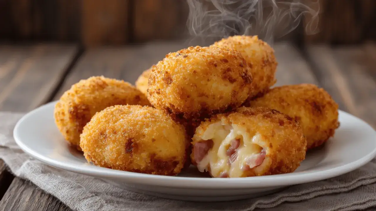 Une assiette de croquetas de jambon dor&eacute;es et fumantes, dont l'une est coup&eacute;e pour r&eacute;v&eacute;ler un c&oelig;ur fondant au fromage et au jambon.