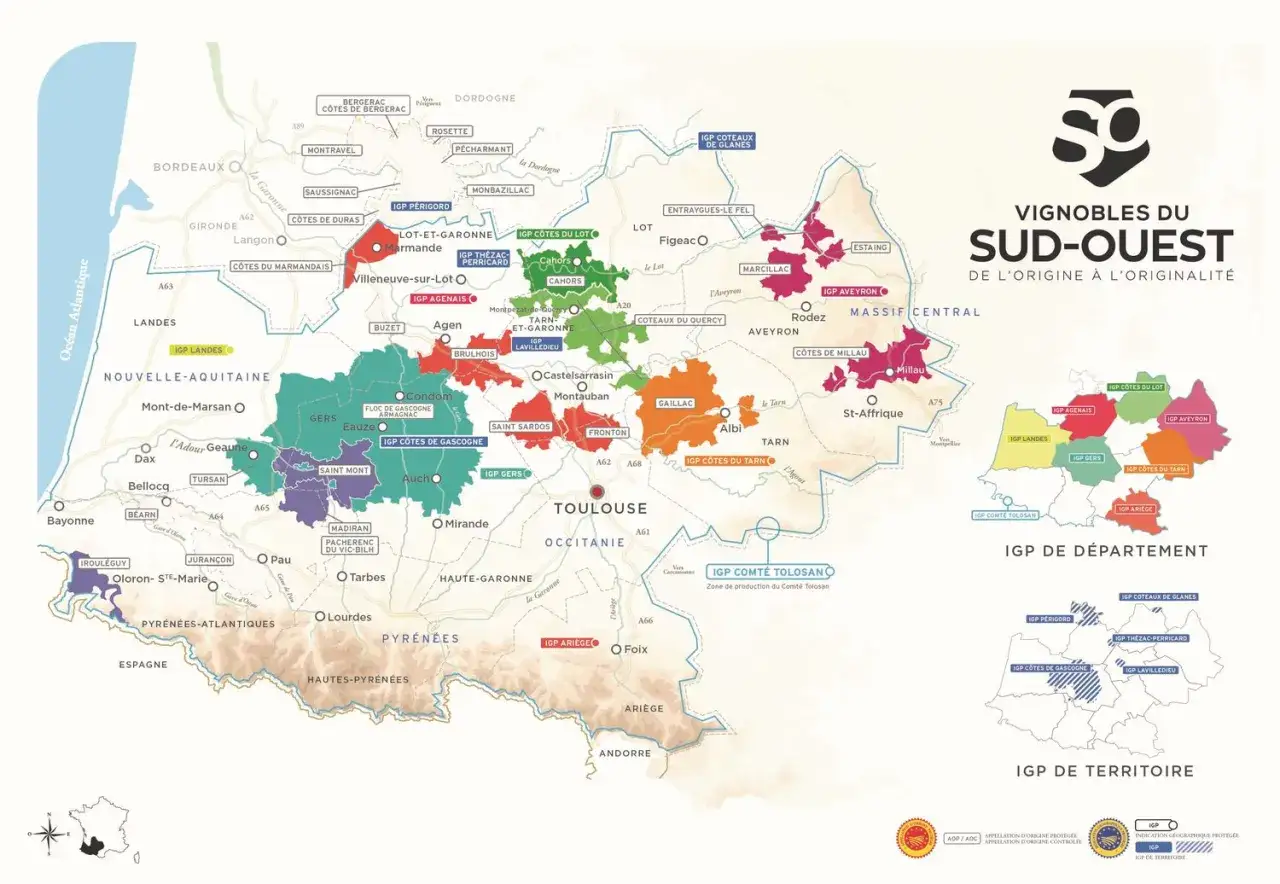 Carte des vignobles du Sud-Ouest, mettant en évidence les appellations et les cépages du sud-ouest.