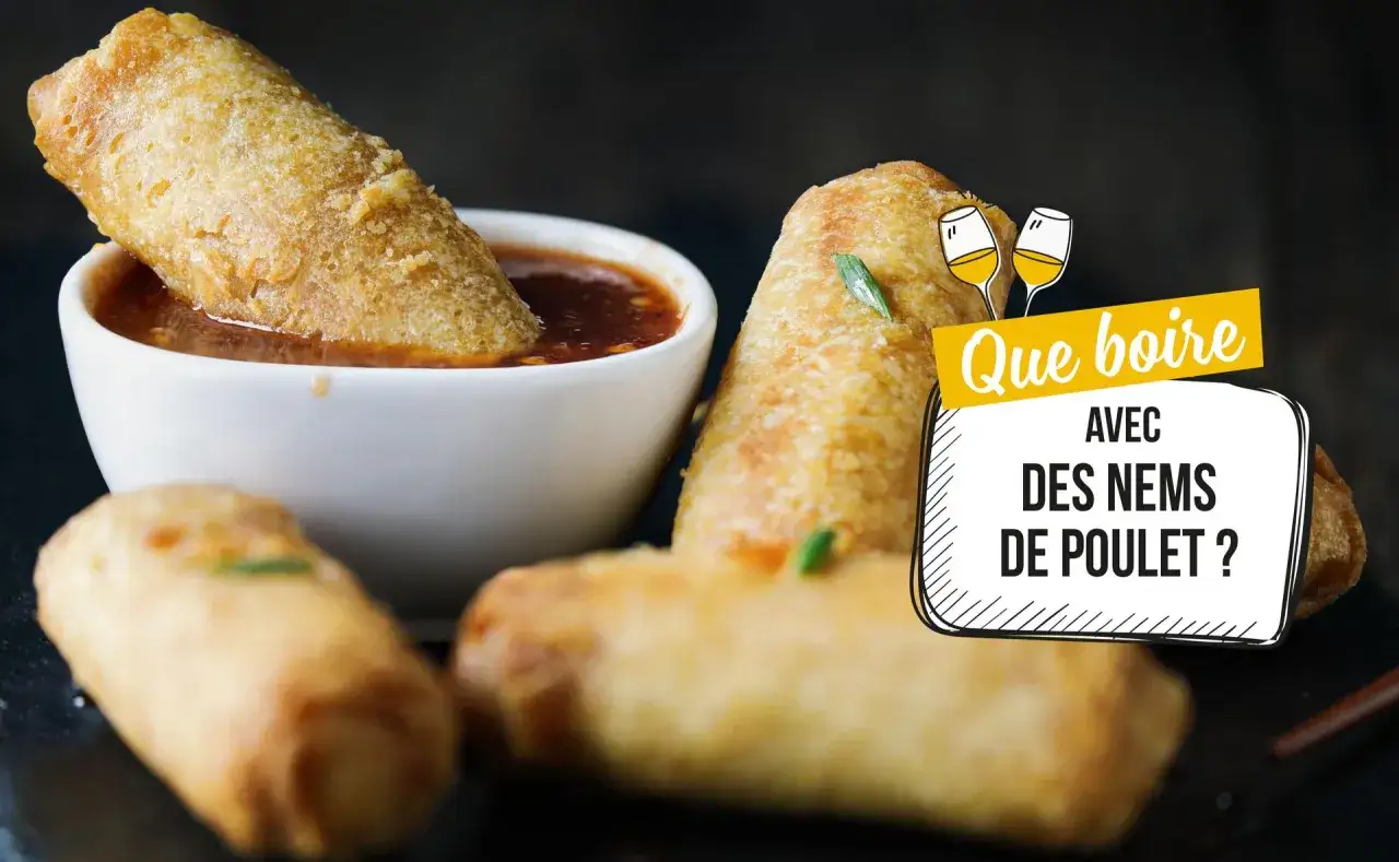 Nems croustillants tremp&eacute;s dans une sauce. La question se pose : quel vin avec des nems de poulet ?