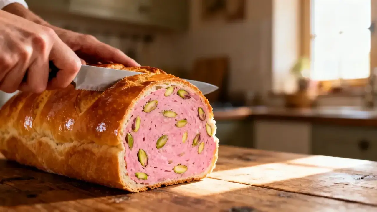 Une tranche de saucisson brioché aux pistaches est coupée sur une planche en bois.