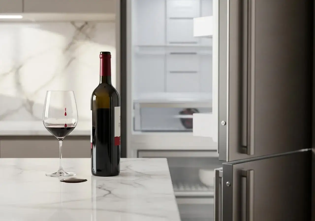 Verre de vin rouge ouvert, une bouteille &agrave; c&ocirc;t&eacute;, et un r&eacute;frig&eacute;rateur entrouvert. La conservation du vin rouge ouvert est essentielle pour pr&eacute;server ses ar&ocirc;mes.