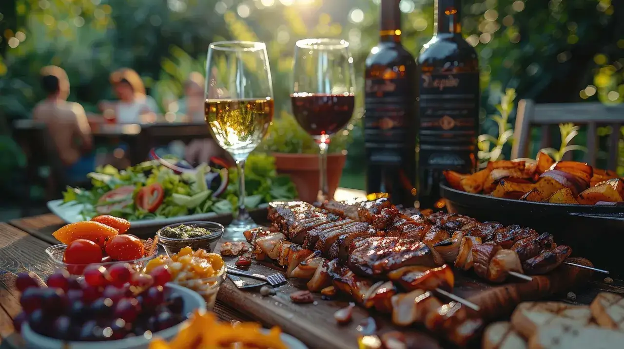 Un d&eacute;licieux barbecue avec brochettes, salade et fruits, accompagn&eacute; de vin blanc et rouge. Parfait pour un repas en plein air.