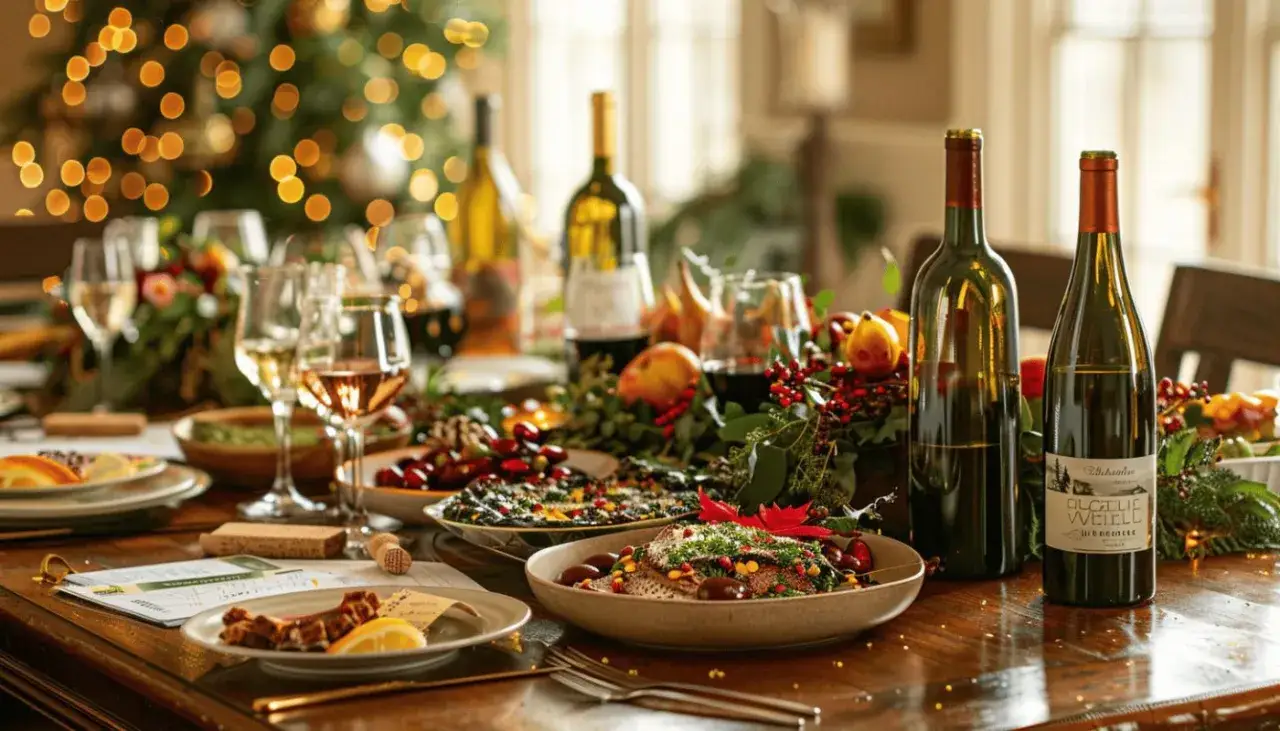 Table de fête dressée avec plats festifs, fruits, décorations de Noël et bouteilles de vin pour foie gras et saumon.