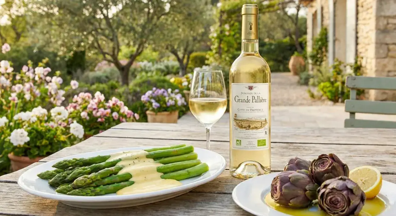 Un repas ensoleillé avec des asperges sauce hollandaise, des artichauts et un verre de vin blanc. La question est : quel vin avec des asperges ?