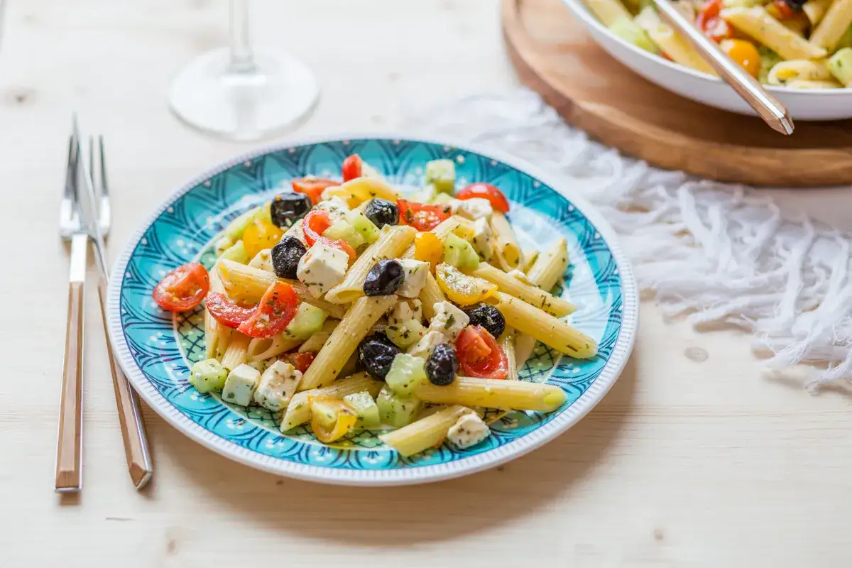 Une assiette de salade de penne colorée avec des tomates, des olives, du concombre et du fromage feta.