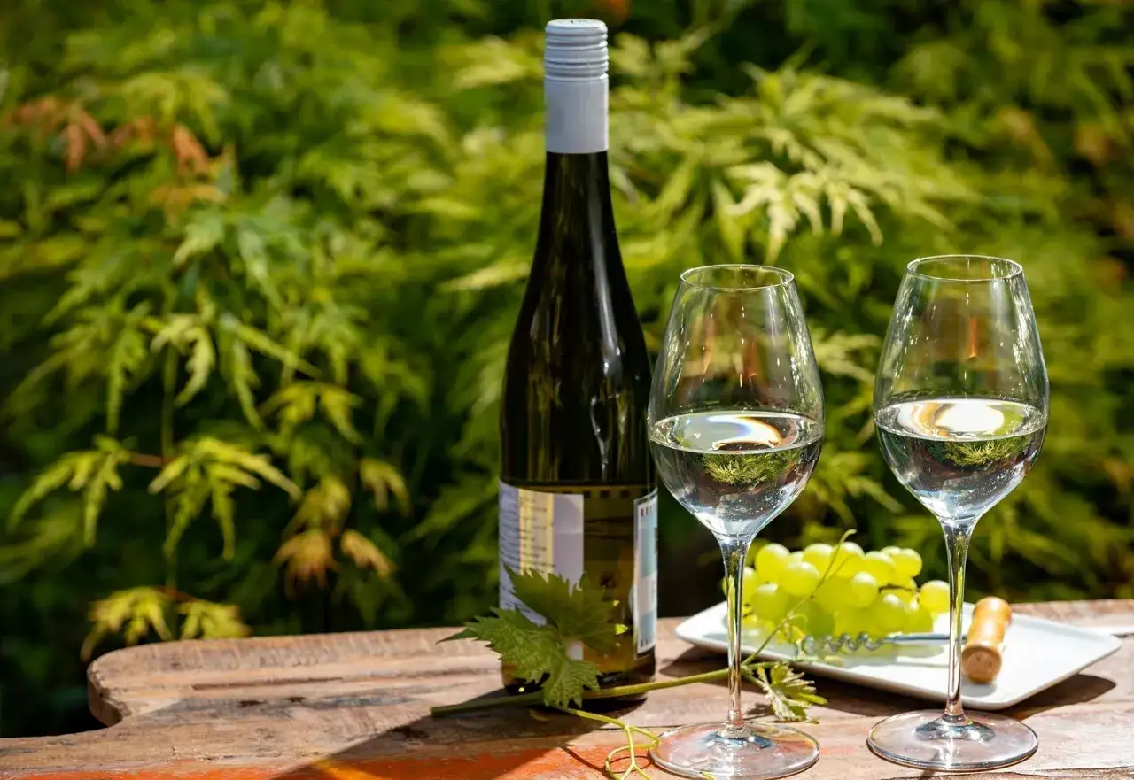 Bouteille de riesling avec deux verres, une grappe de raisin et un tire-bouchon sur une table en bois, devant un feuillage verdoyant.