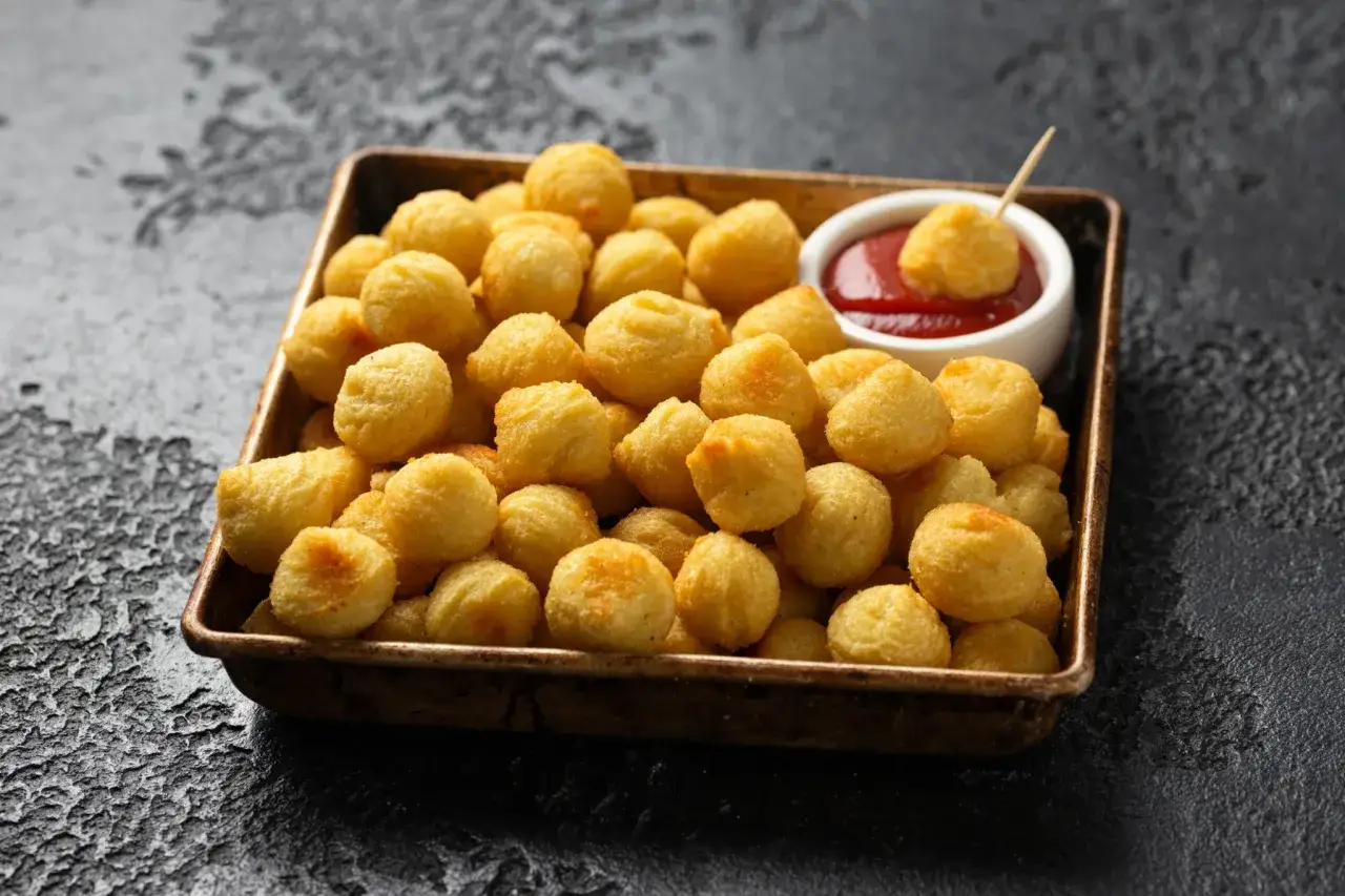 Un plateau rempli de pommes dauphine dorées et croustillantes, avec un petit ramequin de ketchup et une brochette.