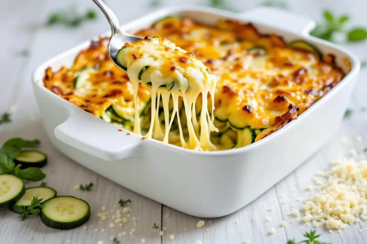 Une cuillère soulève un gratin de courgettes moelleux, filant de fromage fondu. Un délice doré et réconfortant.