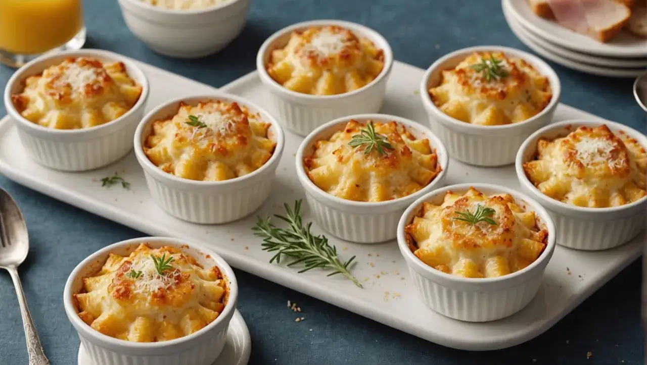Plusieurs cocottes individuelles gratinées, garnies de pâtes et de fromage, parfaites pour une recette cocotte individuelle.