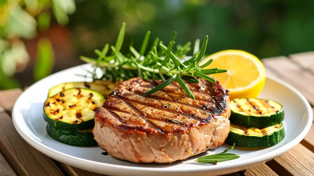 Une délicieuse côte de veau barbecue, grillée à la perfection, accompagnée de courgettes et d'une tranche de citron.