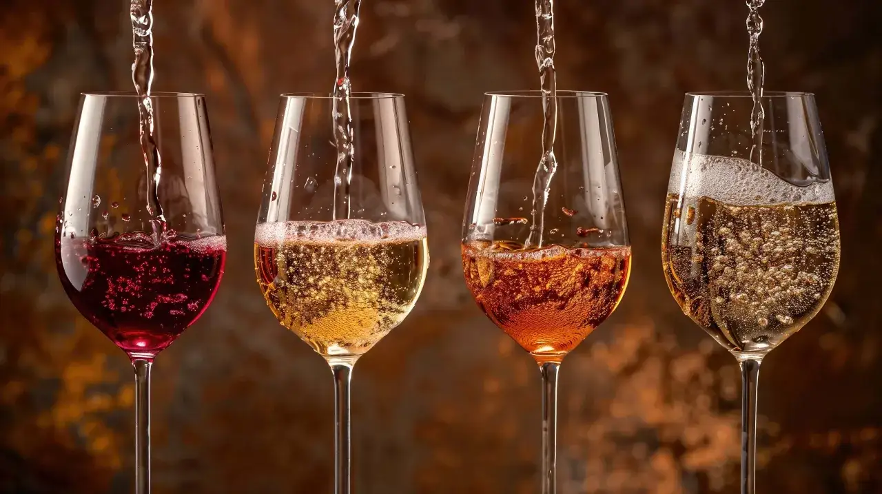 Quatre verres de vin, du rouge au blanc, révèlent la richesse de la couleur du vin. Des bulles pétillent dans chaque verre.