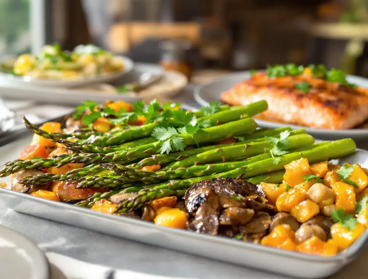 Quel accompagnement avec saumon au champagne ? Des asperges vertes, des champignons et des dés de courge rôtis, garnissent ce plat savoureux.