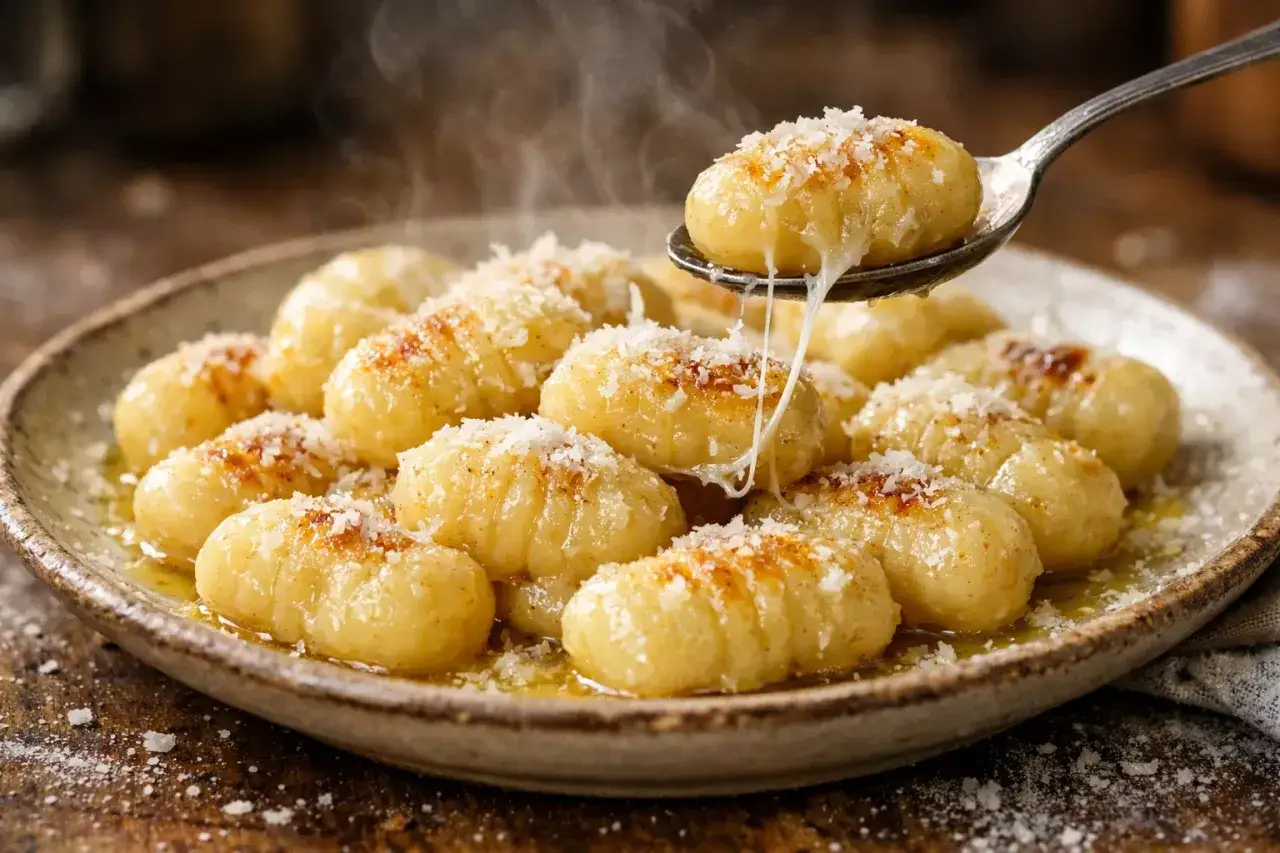 Gnocchis dorés et fumants, saupoudrés de parmesan, prêts à être dégustés. Une recette de gnocchi qui fait saliver.