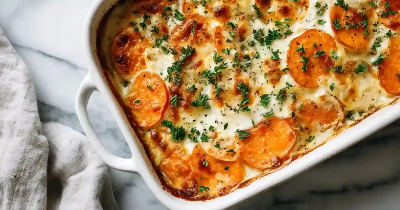 Un délicieux gratin de patate douce, gratiné et parsemé de persil frais, prêt à être dégusté.